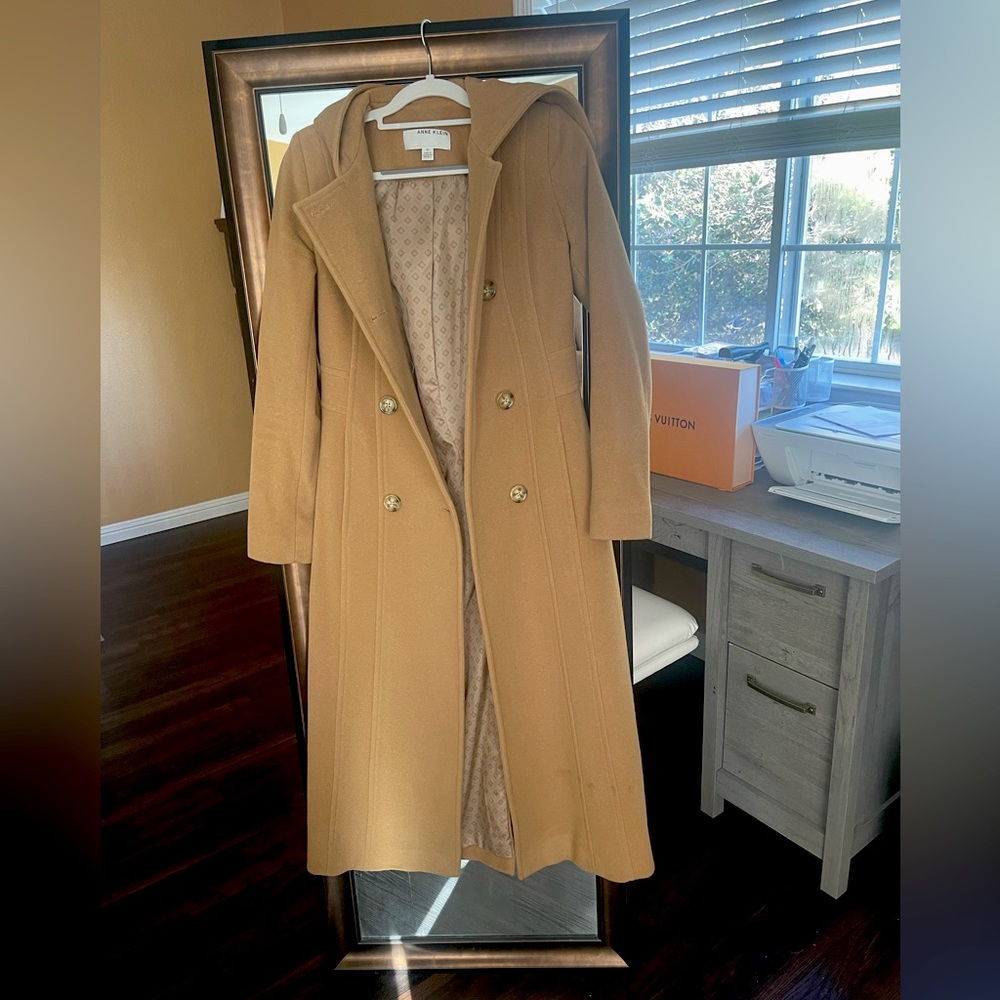 ANNE KLEIN Wool Cashmere Hooded Double-Breasted Maxi Coat